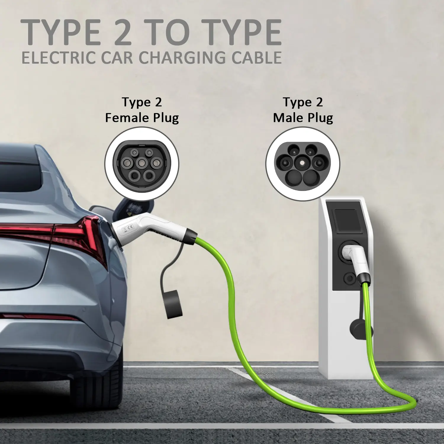 Type 2 EV Charging Cable with White Gun Head and Green Cable (5)5t7